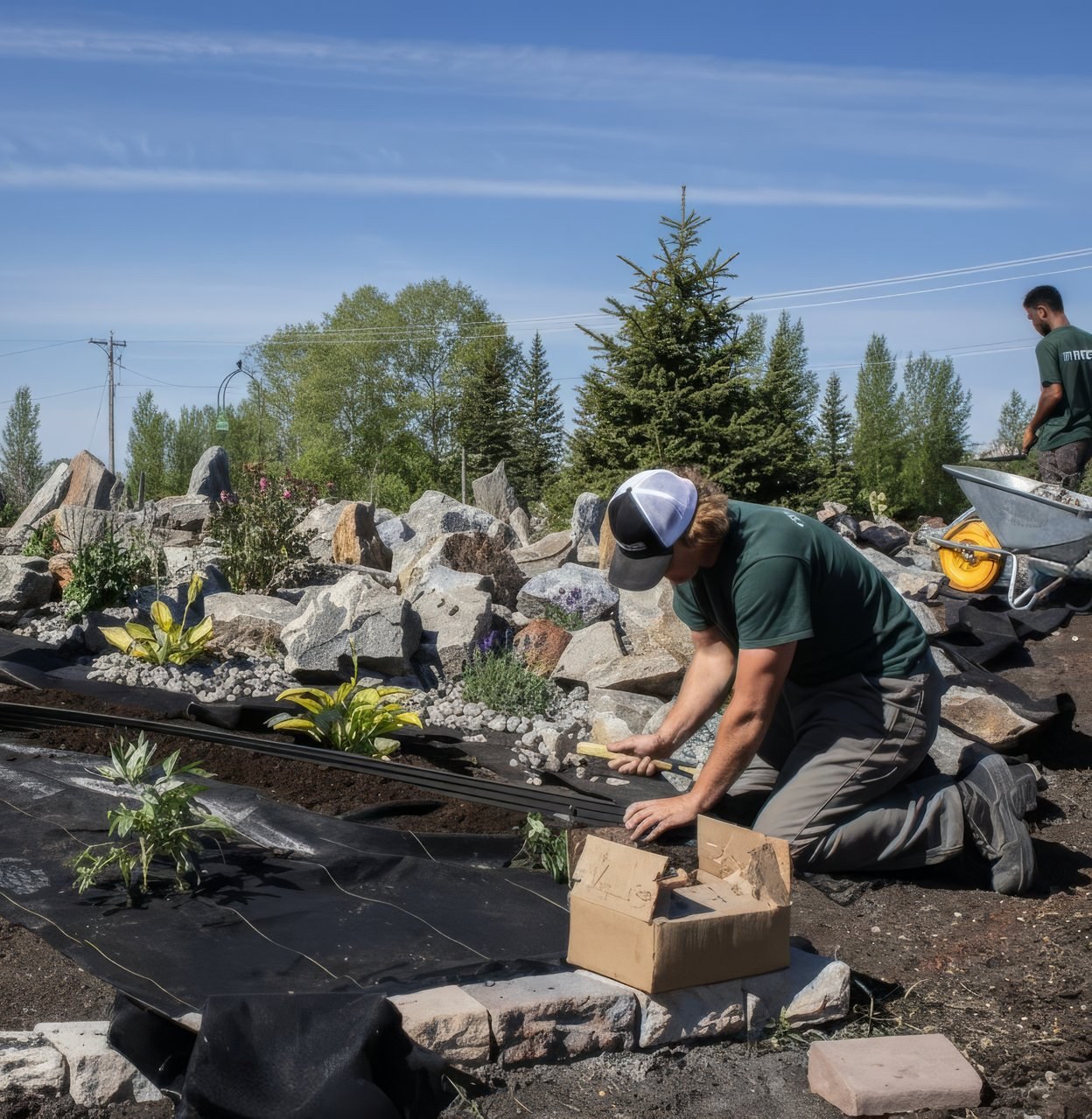 Build — crew installing rock garden