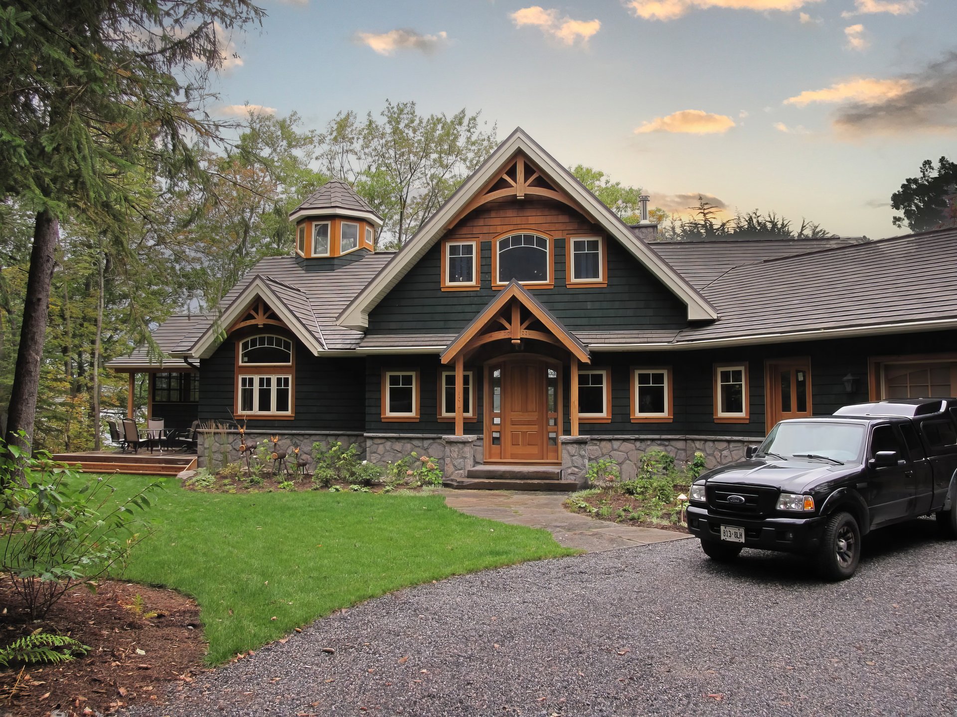 Lakeside lodge with truck