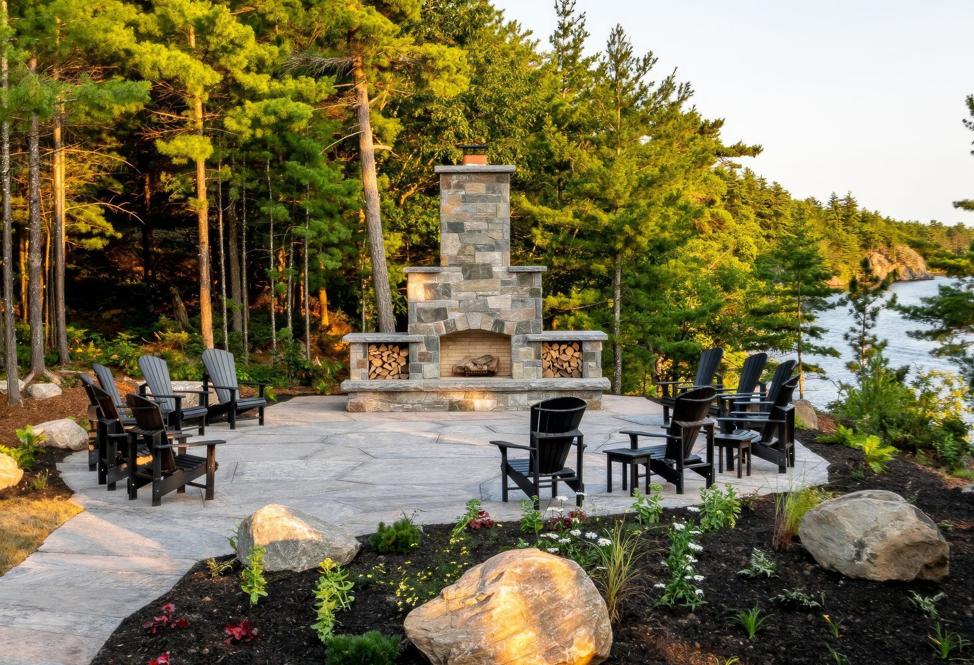 Lakeside outdoor fireplace with Adirondack chairs